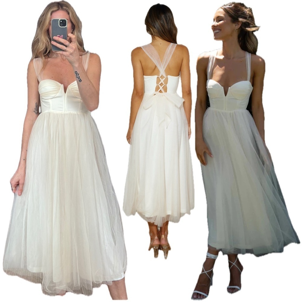 NWT Hello Molly Tulle Skirt Cream Midi Corset Bodice Tie Back Bridal Midi Dress